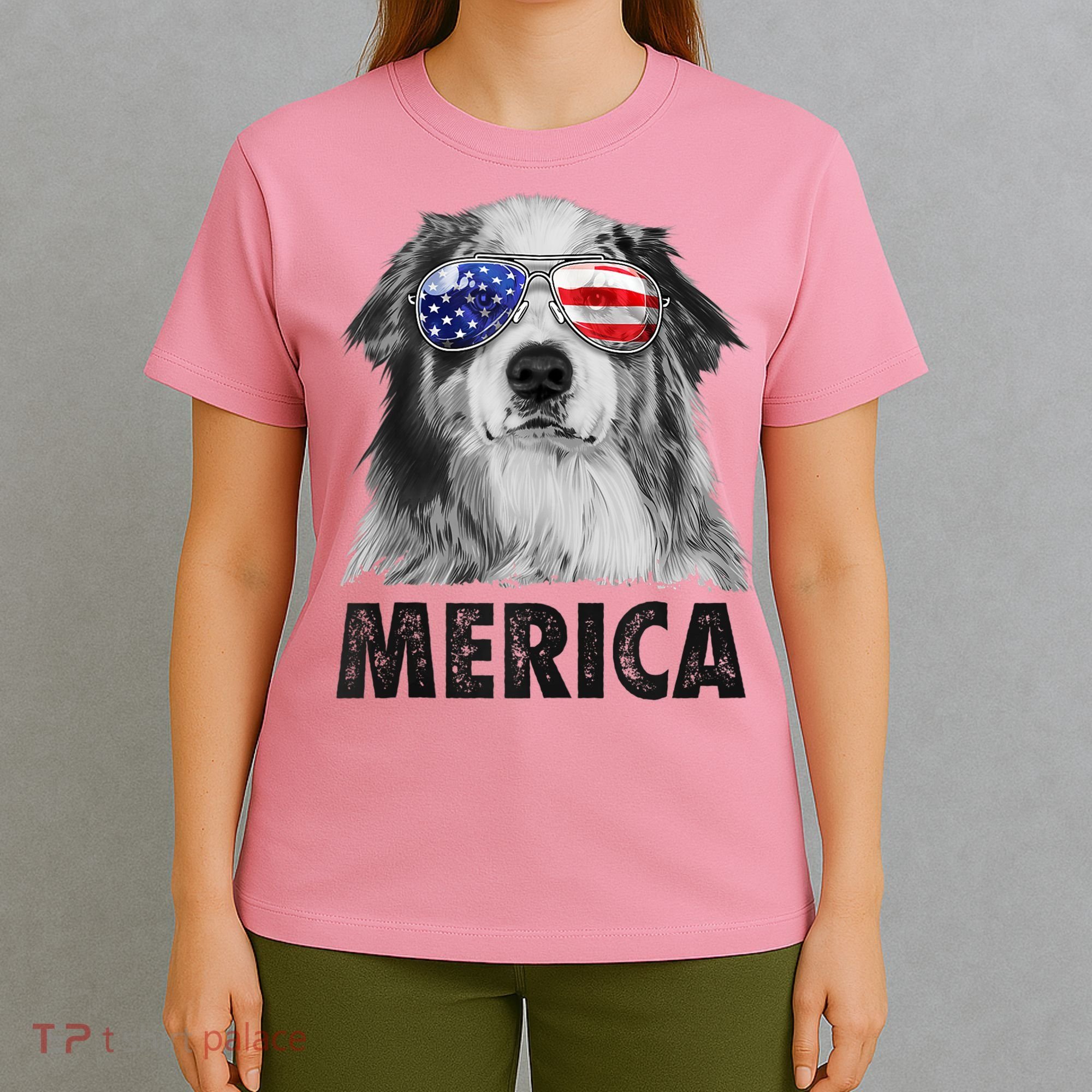Aussie Australian Shepherd 4th Of July Merica American Flag T-Shirt