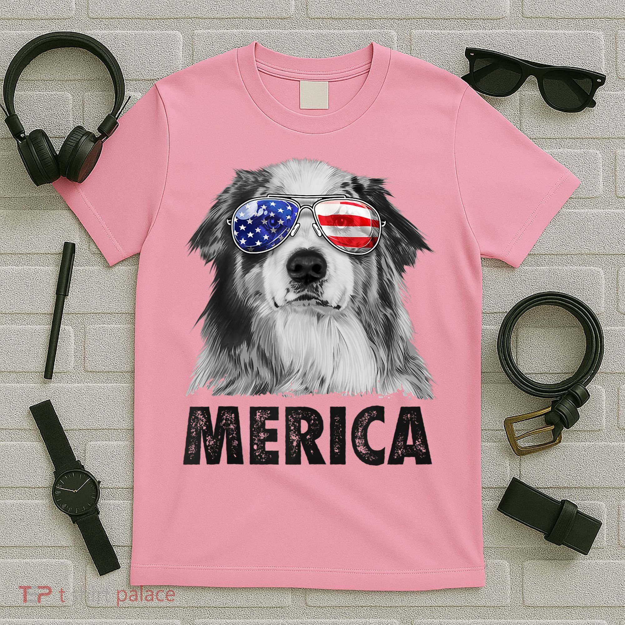 Aussie Australian Shepherd 4th Of July Merica American Flag T-Shirt