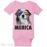 Aussie Australian Shepherd 4th Of July Merica American Flag Baby Bodysuit thumb 0