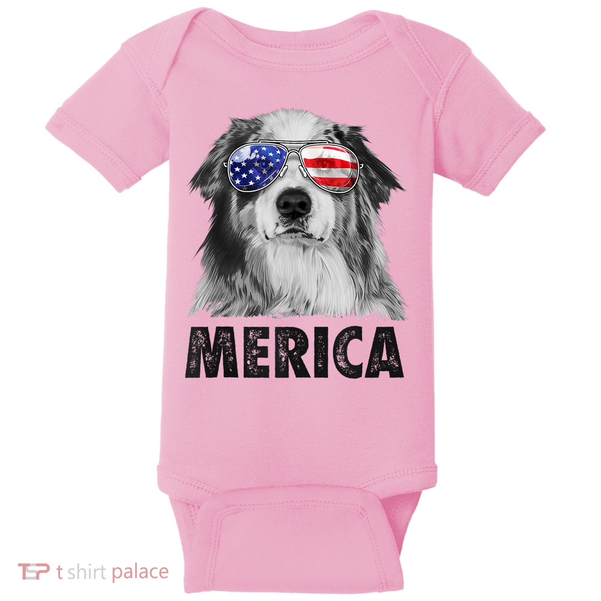 Aussie Australian Shepherd 4th Of July Merica American Flag Baby Bodysuit