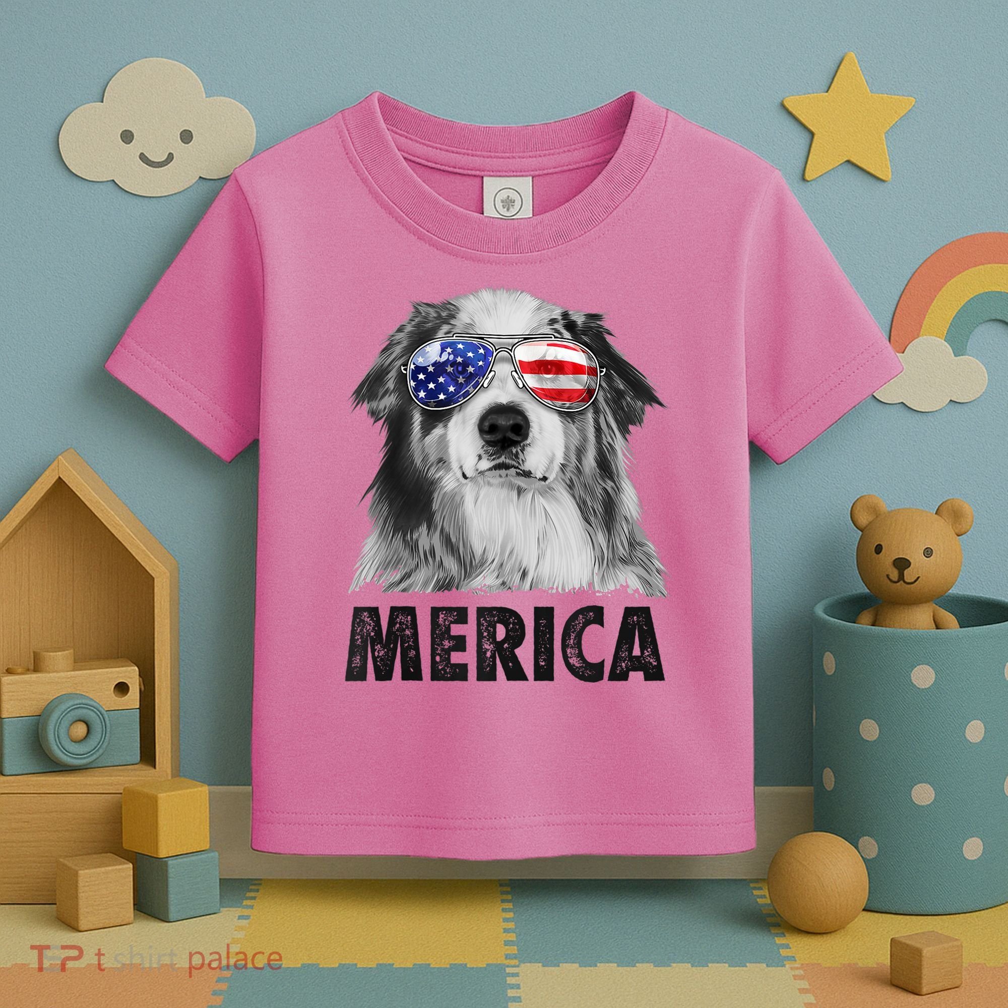 Aussie Australian Shepherd 4th Of July Merica American Flag Toddler T-Shirt