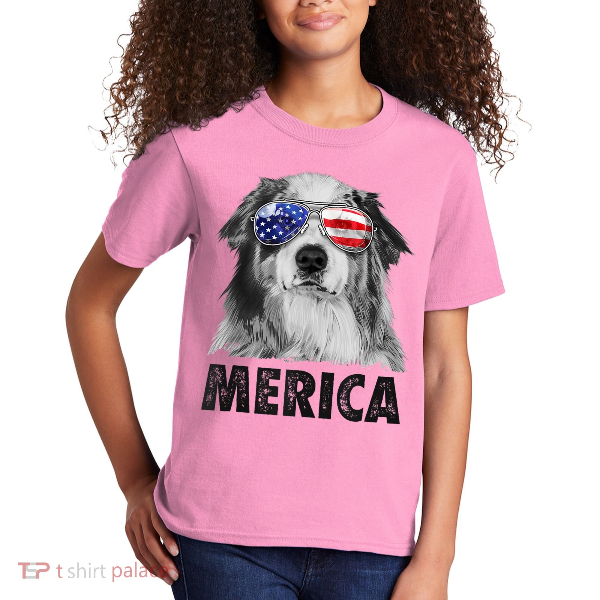 Aussie Australian Shepherd 4th Of July Merica American Flag Kids T-Shirt