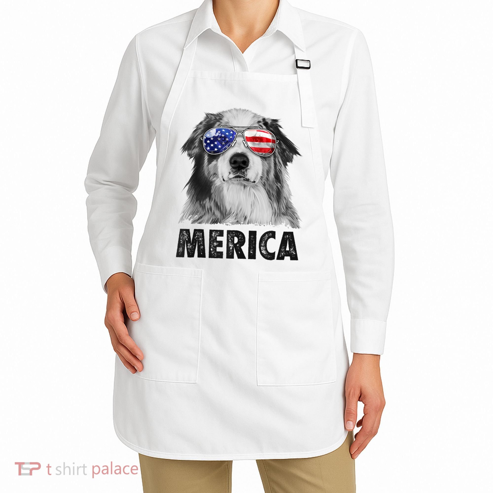 Aussie Australian Shepherd 4th Of July Merica American Flag Apron