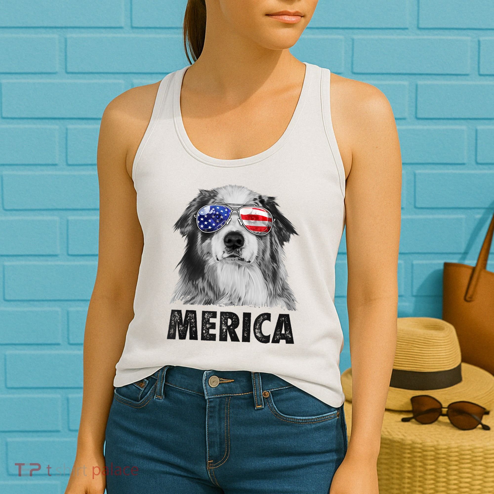 Aussie Australian Shepherd 4th Of July Merica American Flag Women's Tank Top