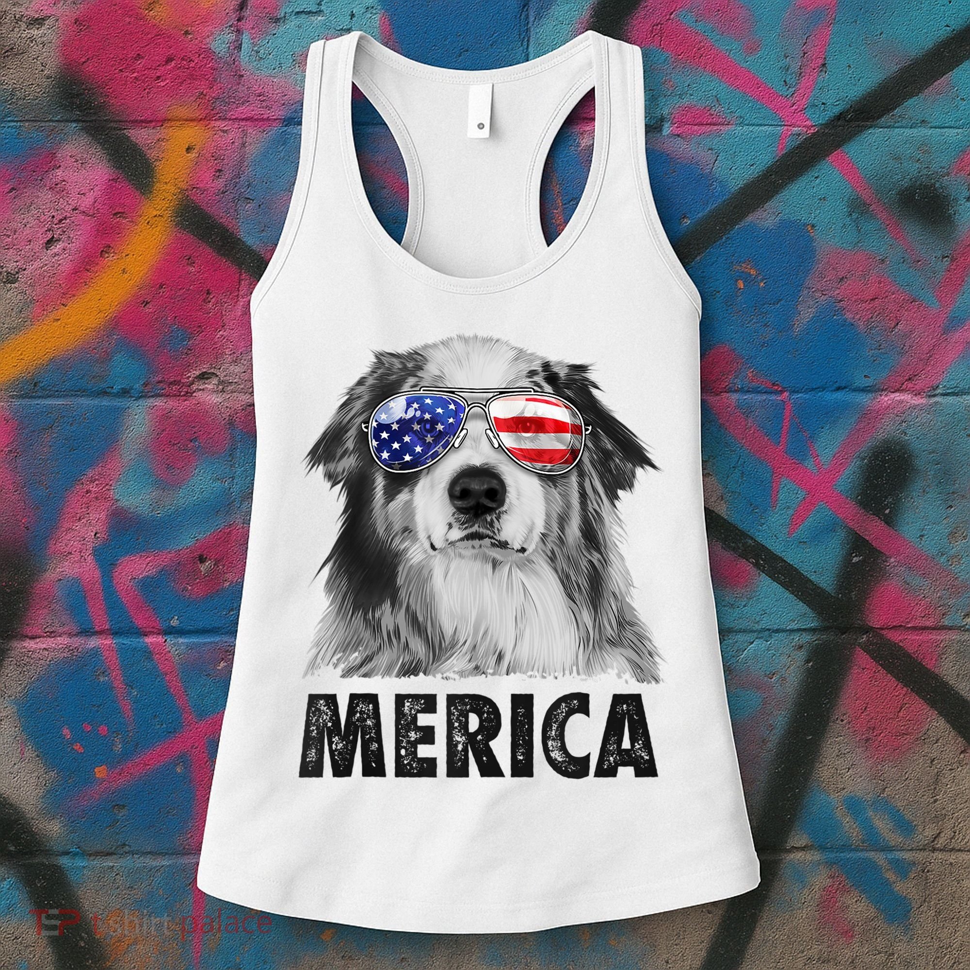 Aussie Australian Shepherd 4th Of July Merica American Flag Women's Tank Top