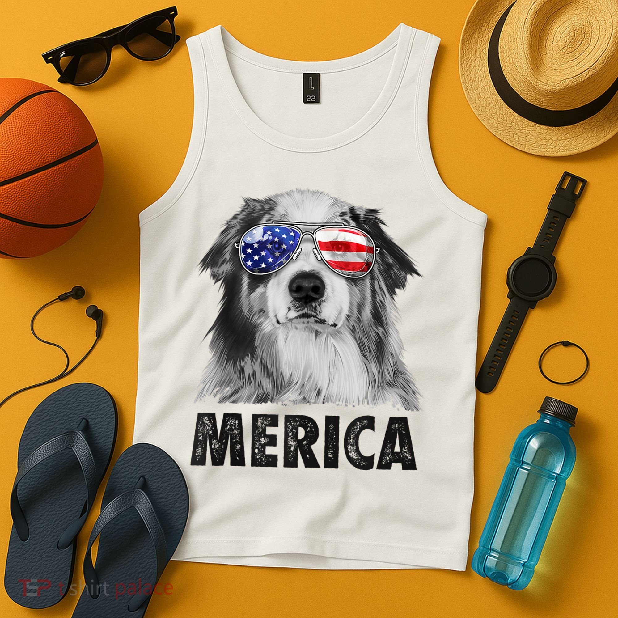 Aussie Australian Shepherd 4th Of July Merica American Flag Tank Top