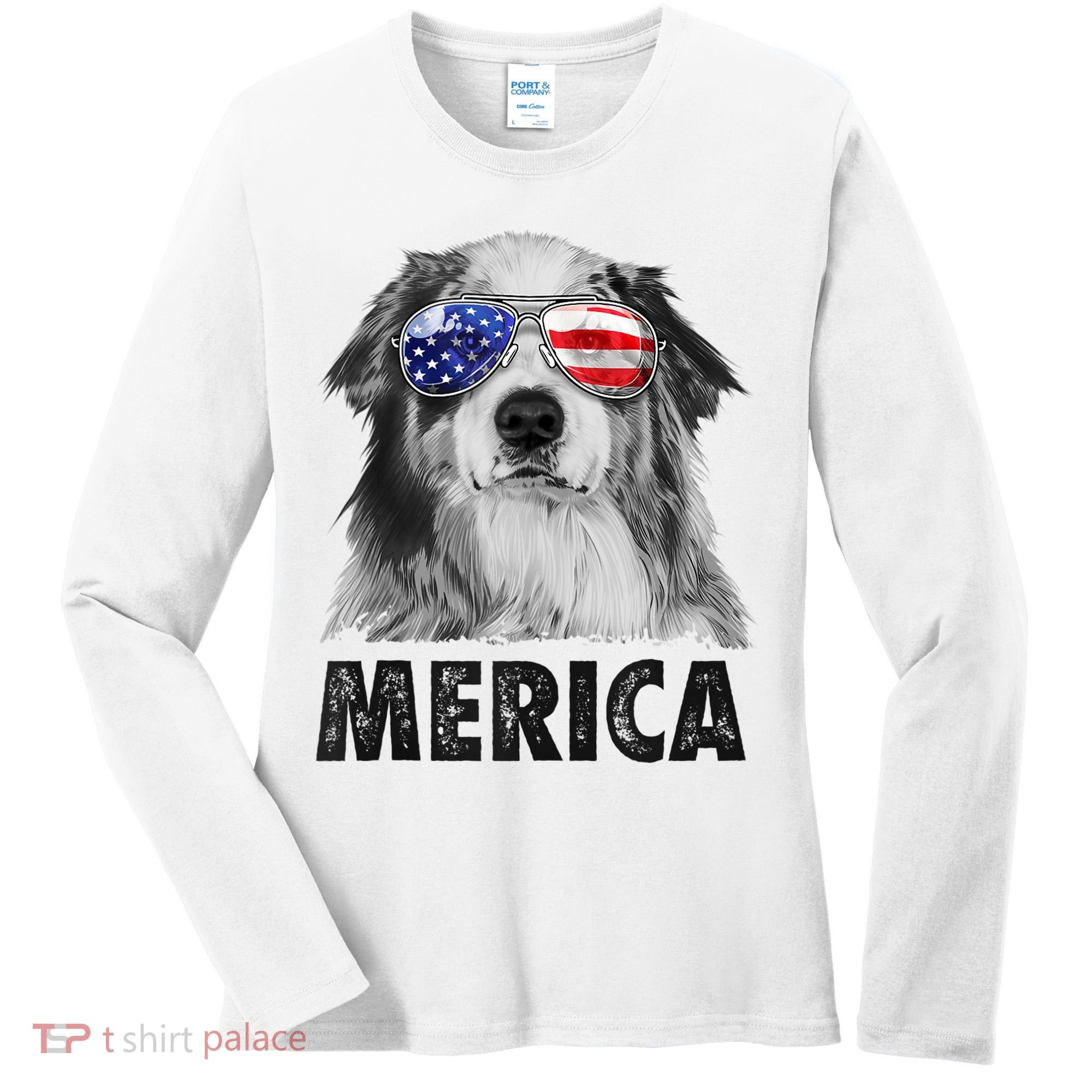 Aussie Australian Shepherd 4th Of July Merica American Flag Women's Long Sleeve Shirt