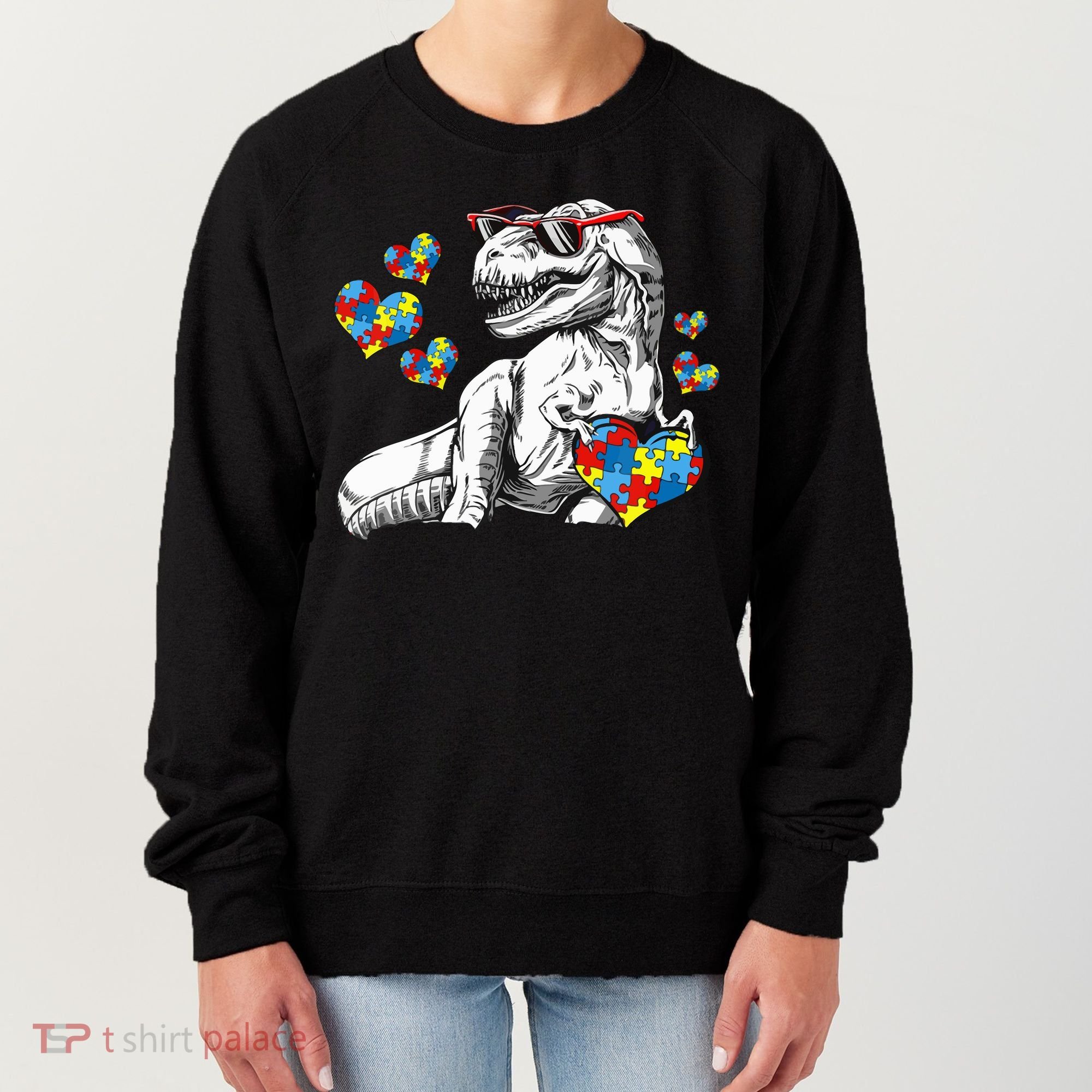 Autism Awareness TRex Dinosaur Sunglasses Heart Puzzle Women's Sweatshirt