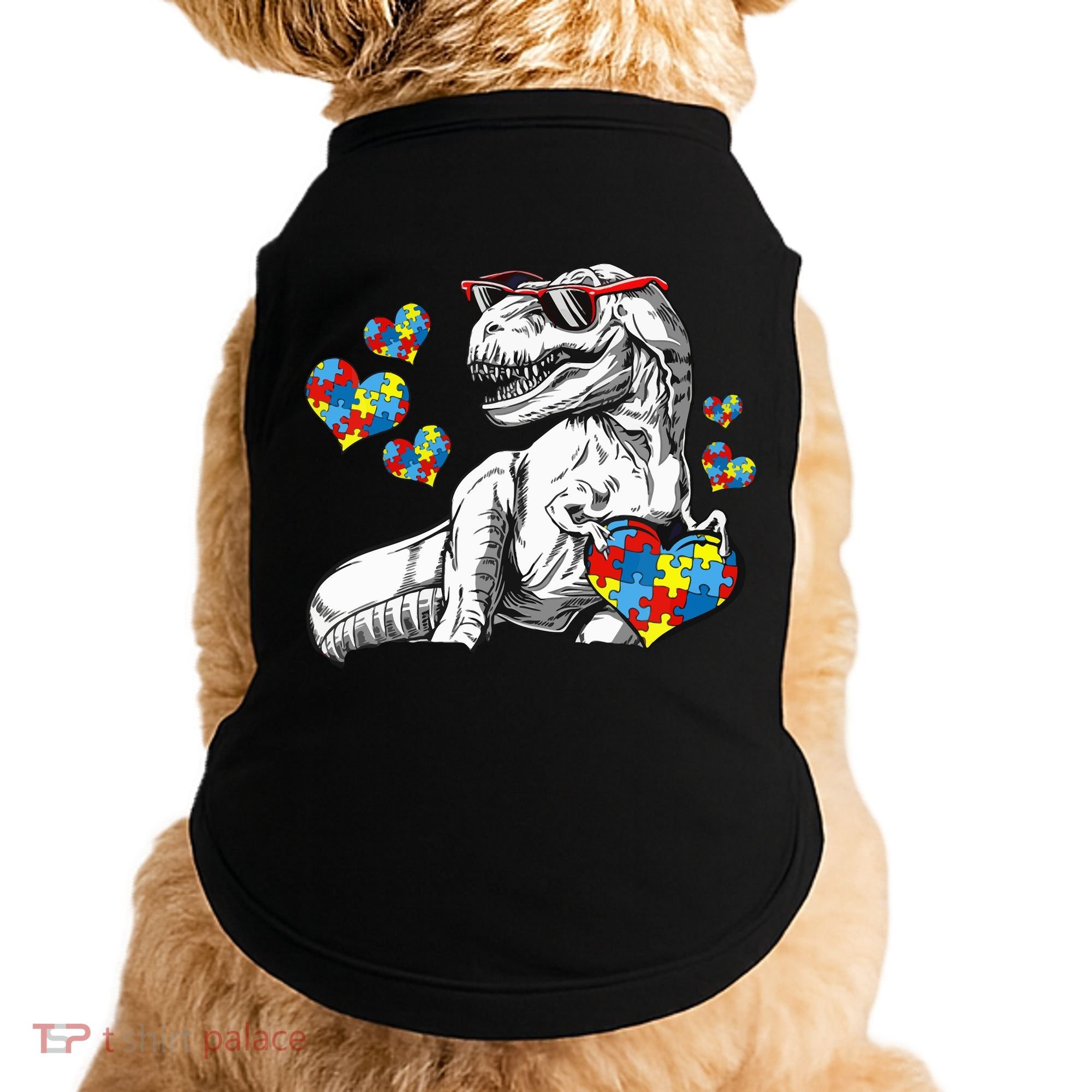 Autism Awareness TRex Dinosaur Sunglasses Heart Puzzle Doggie Tank