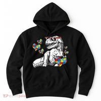 Autism Awareness TRex Dinosaur Sunglasses Heart Puzzle Hoodie thumb 0