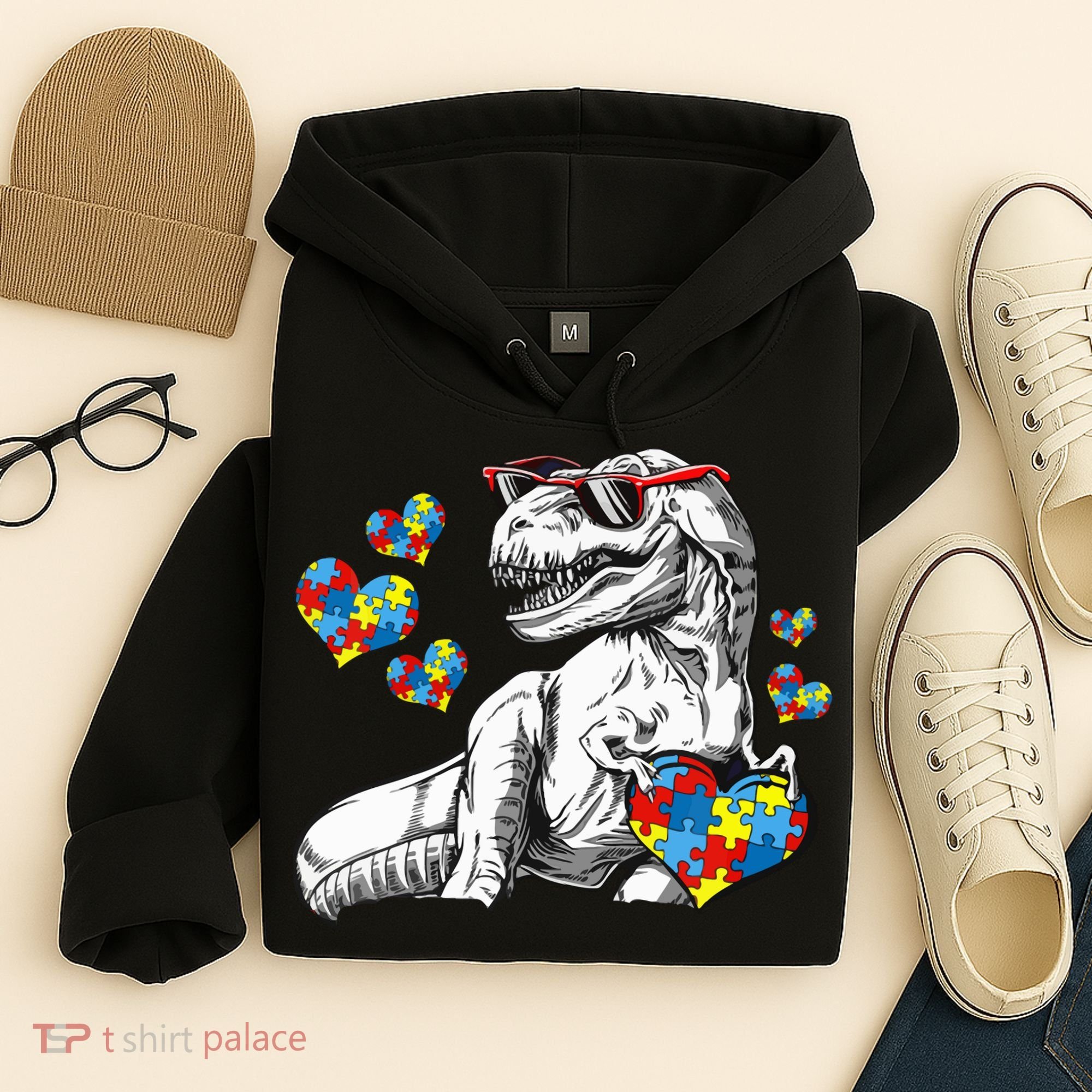 Autism Awareness TRex Dinosaur Sunglasses Heart Puzzle Hoodie