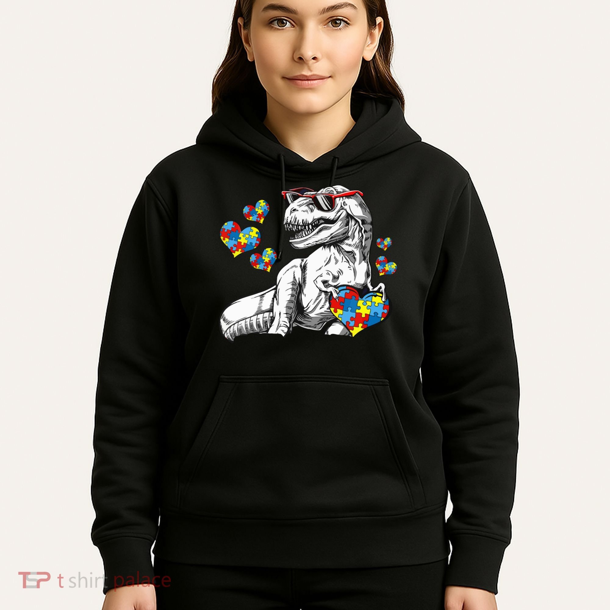 Autism Awareness TRex Dinosaur Sunglasses Heart Puzzle Hoodie
