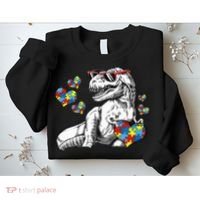 Autism Awareness TRex Dinosaur Sunglasses Heart Puzzle Sweatshirt thumb 2