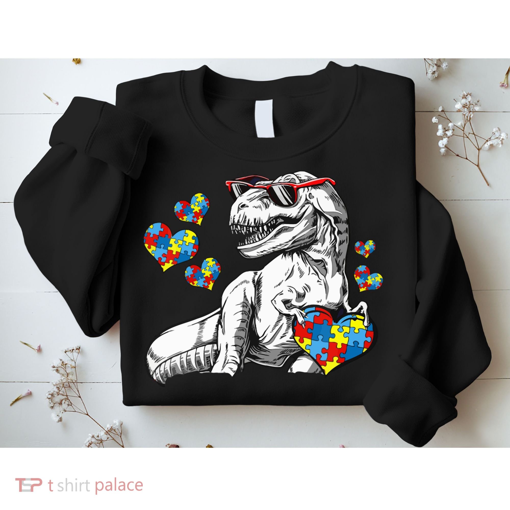 Autism Awareness TRex Dinosaur Sunglasses Heart Puzzle Sweatshirt