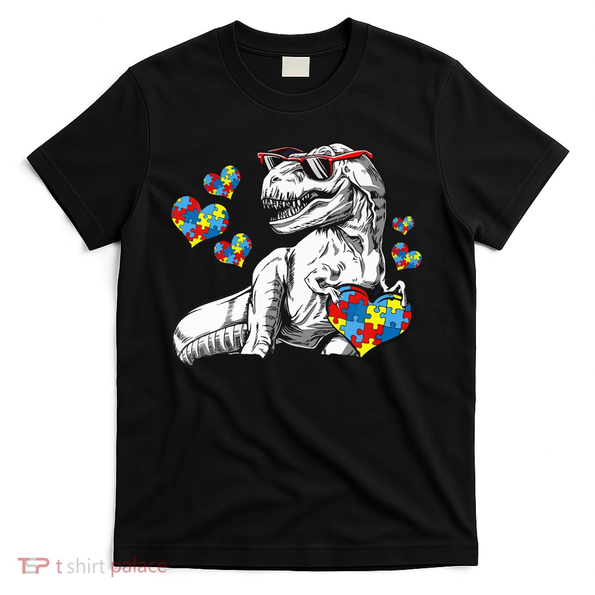 Autism Awareness TRex Dinosaur Sunglasses Heart Puzzle T-Shirt