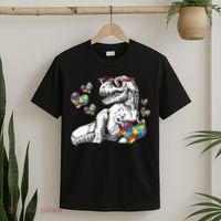 Autism Awareness TRex Dinosaur Sunglasses Heart Puzzle T-Shirt thumb 2
