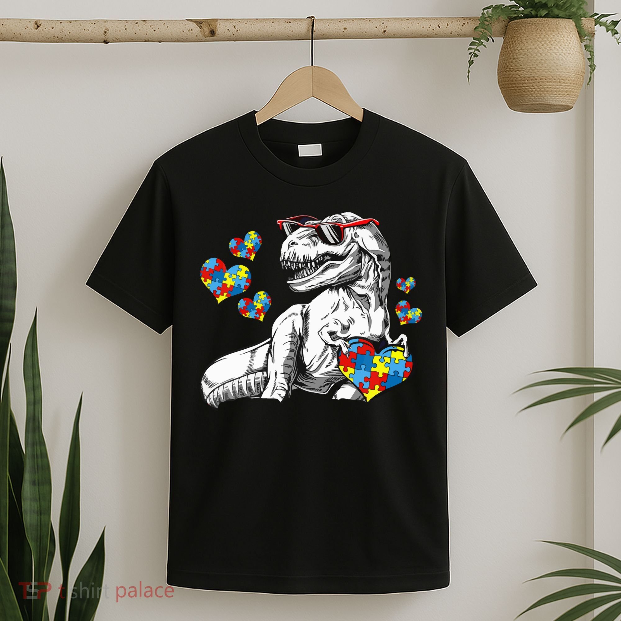 Autism Awareness TRex Dinosaur Sunglasses Heart Puzzle T-Shirt