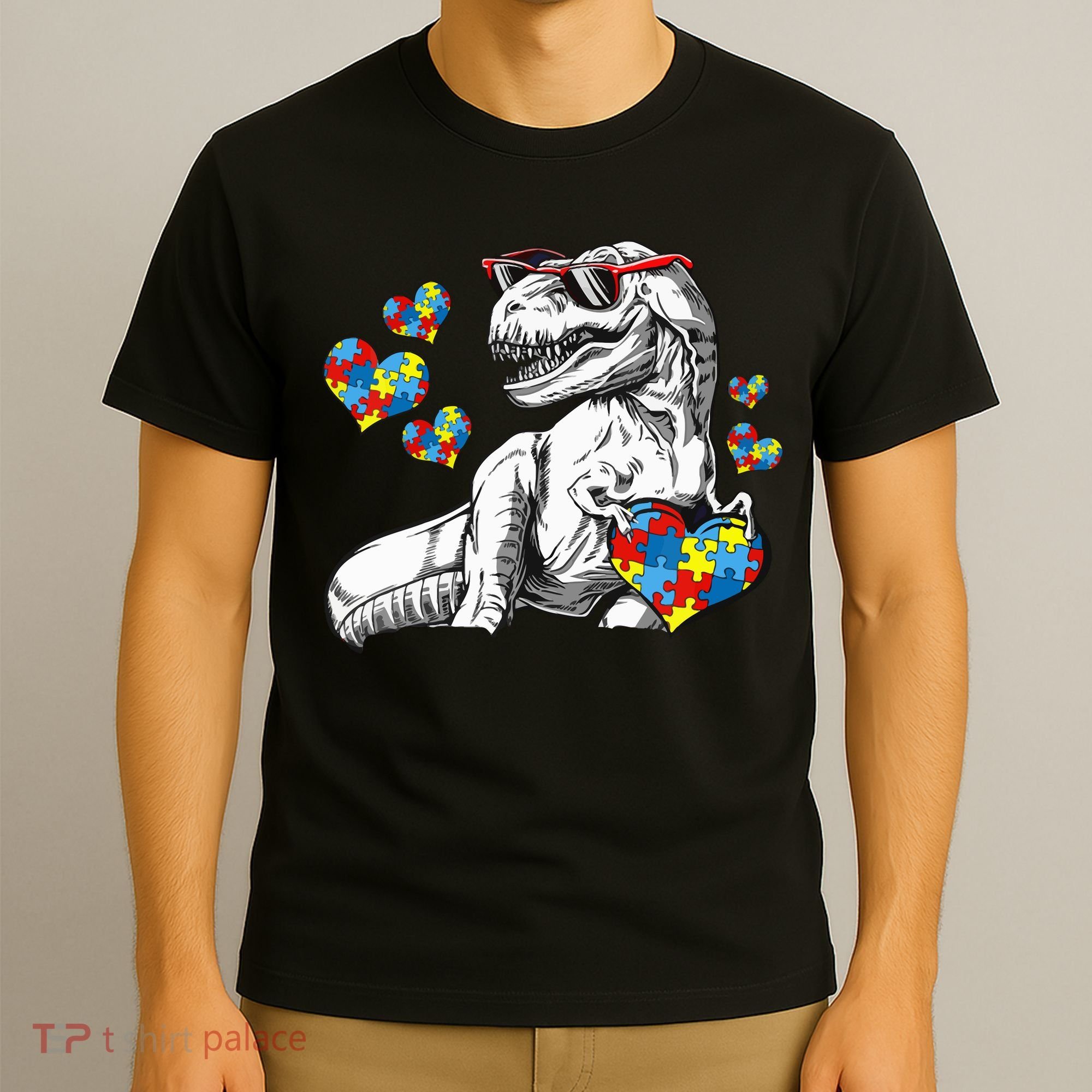Autism Awareness TRex Dinosaur Sunglasses Heart Puzzle T-Shirt