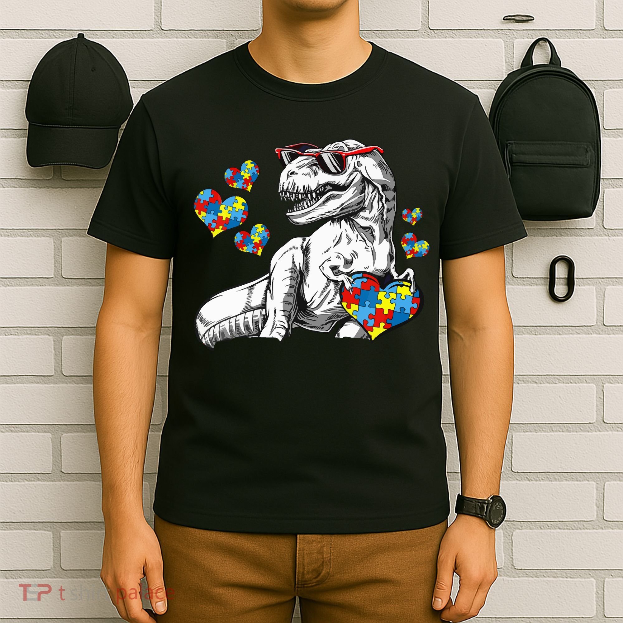 Autism Awareness TRex Dinosaur Sunglasses Heart Puzzle T-Shirt