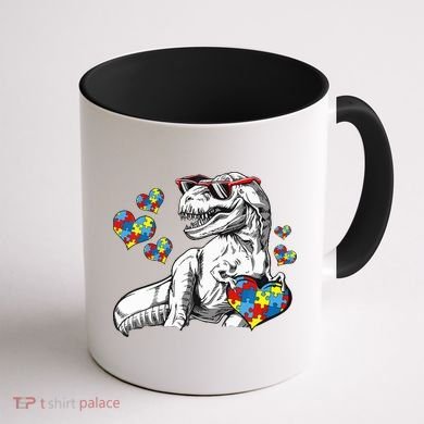 Autism Awareness TRex Dinosaur Sunglasses Heart Puzzle Coffee Mug back