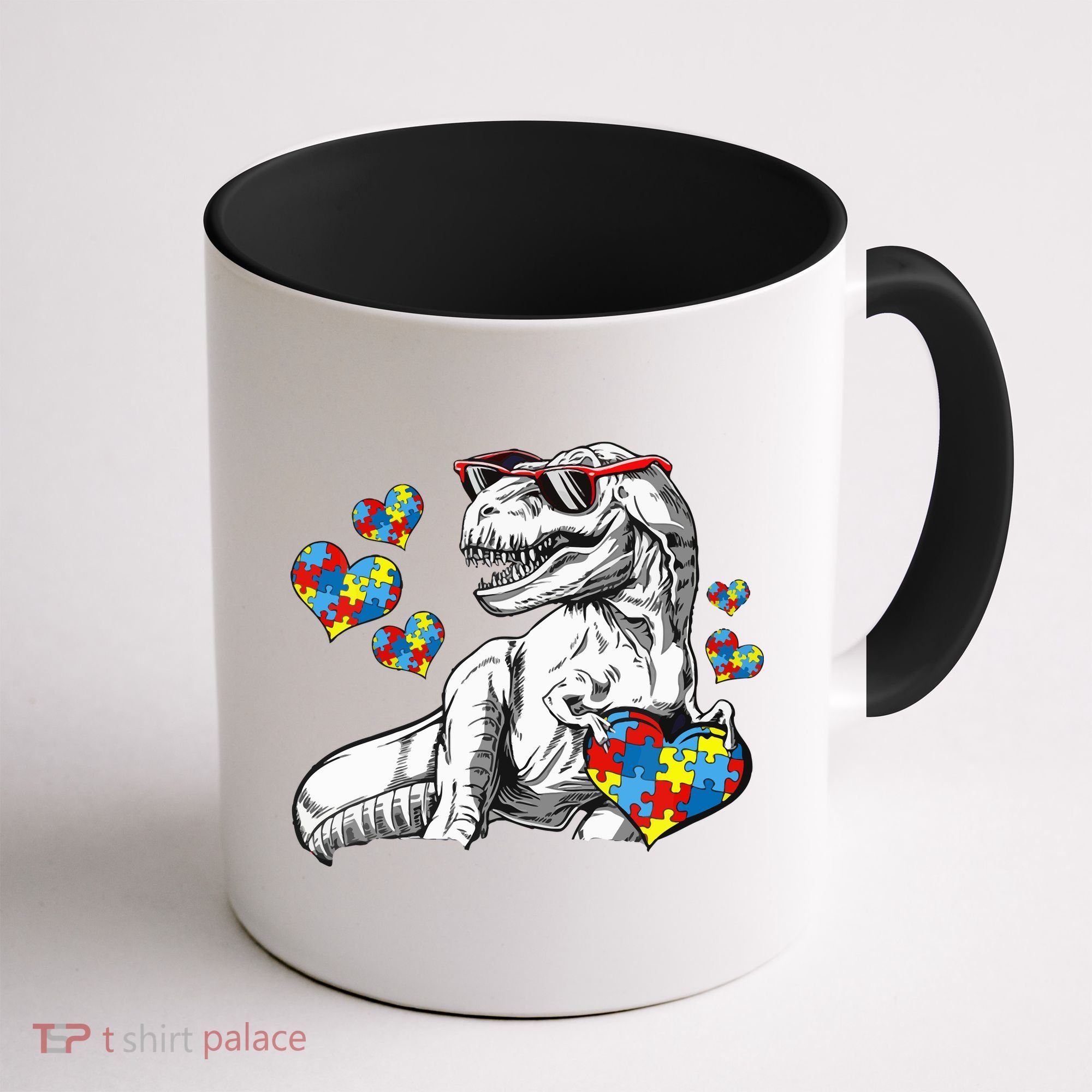 Autism Awareness TRex Dinosaur Sunglasses Heart Puzzle Coffee Mug