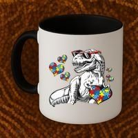 Autism Awareness TRex Dinosaur Sunglasses Heart Puzzle Coffee Mug thumb 2