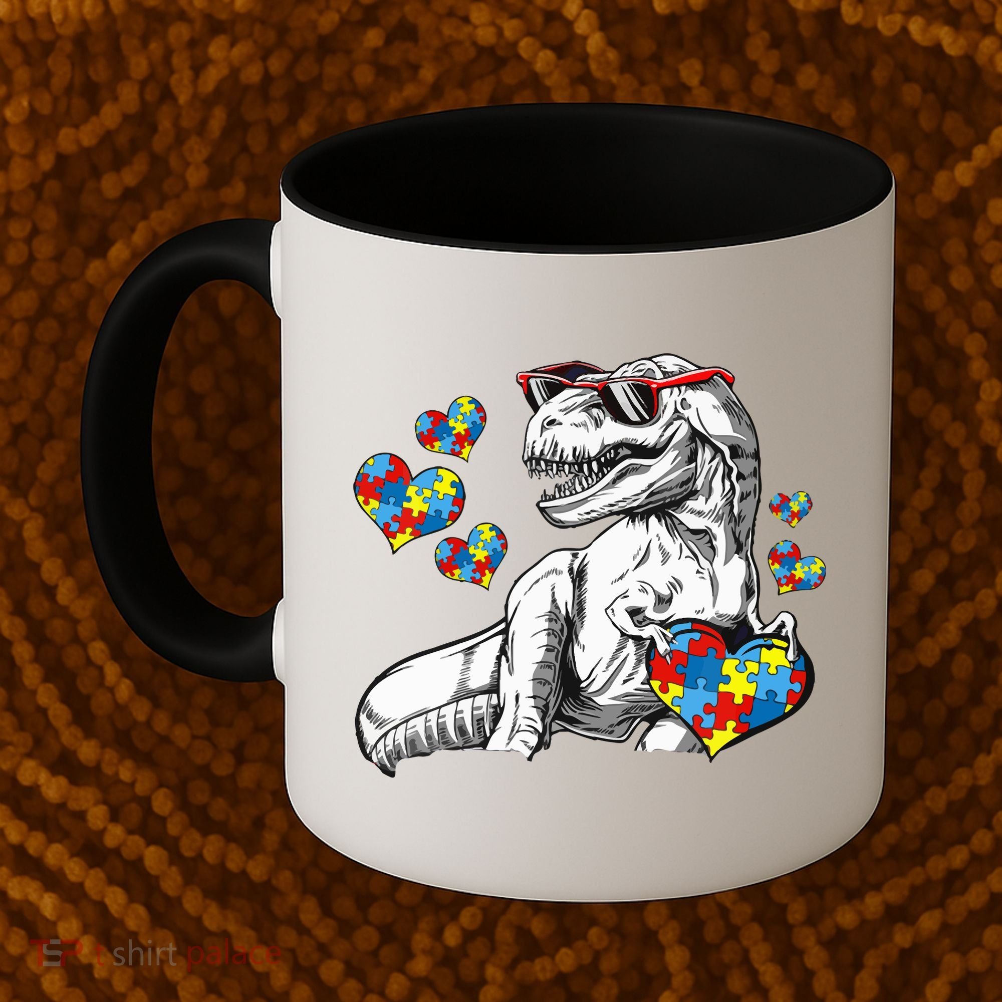 Autism Awareness TRex Dinosaur Sunglasses Heart Puzzle Coffee Mug