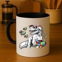 Autism Awareness TRex Dinosaur Sunglasses Heart Puzzle Coffee Mug thumb 4