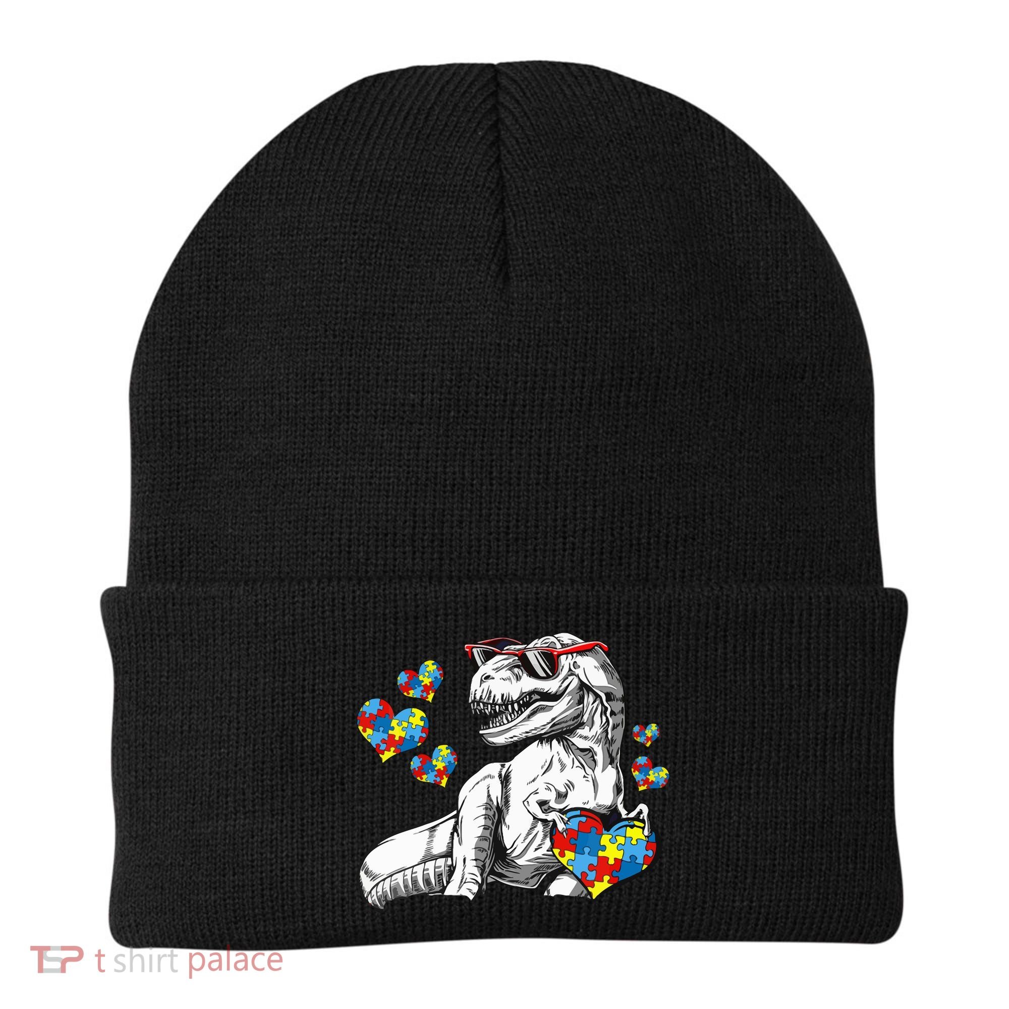 Autism Awareness TRex Dinosaur Sunglasses Heart Puzzle Beanie