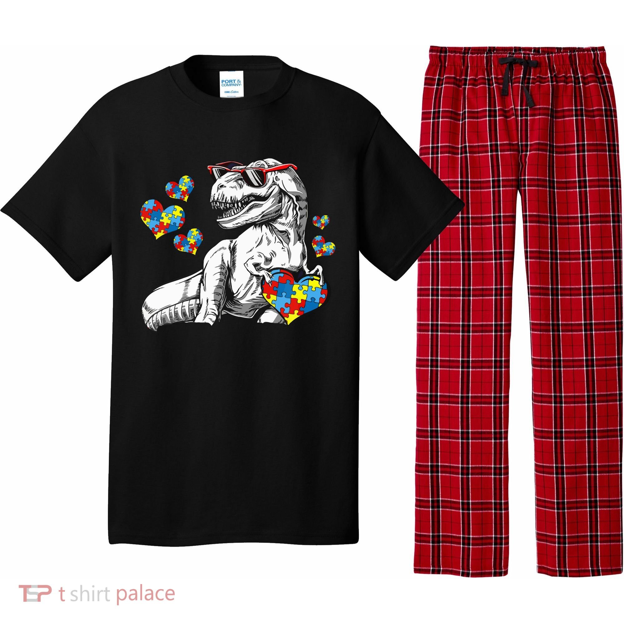 Autism Awareness TRex Dinosaur Sunglasses Heart Puzzle Pajama Set