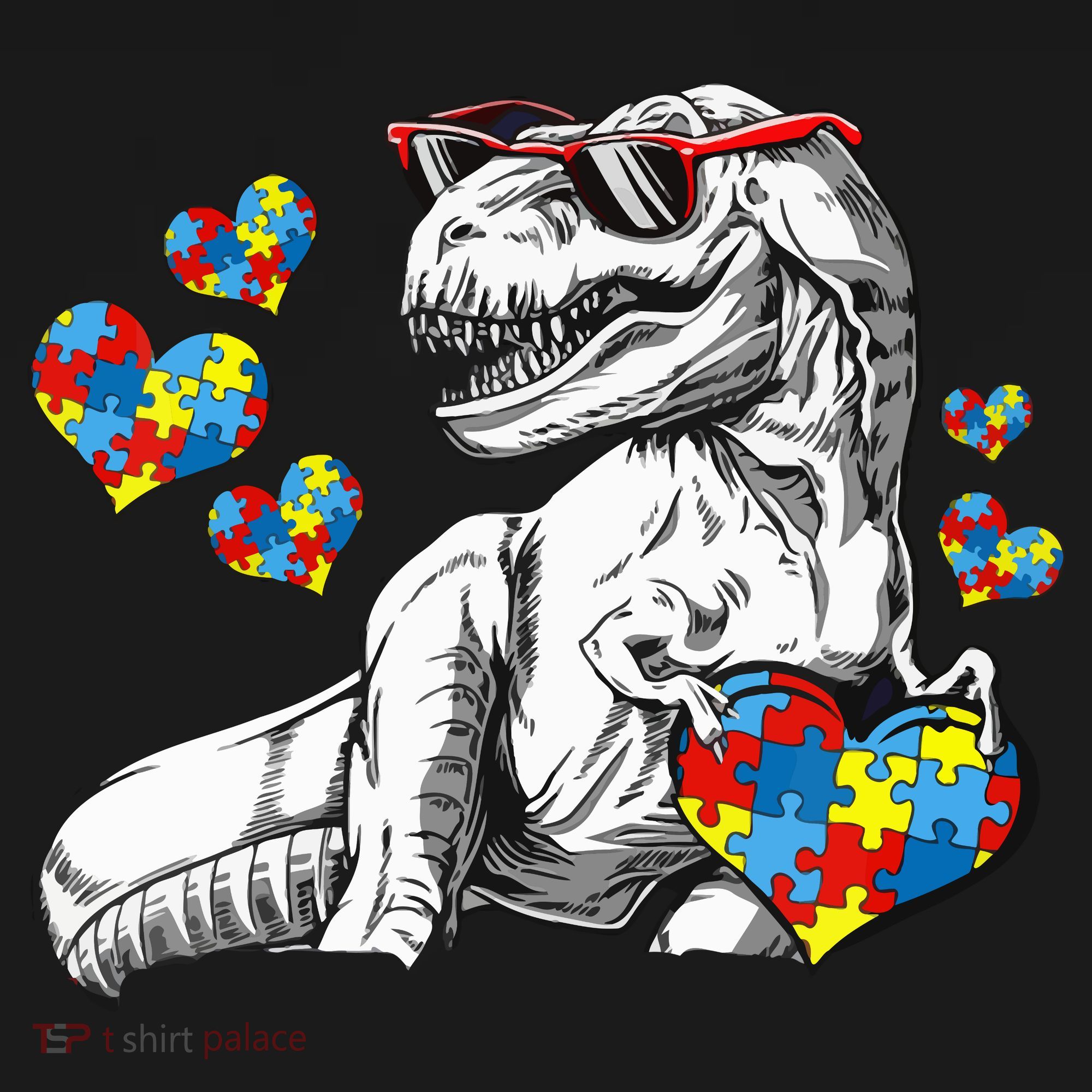 Autism Awareness TRex Dinosaur Sunglasses Heart Puzzle Women's Hoodie