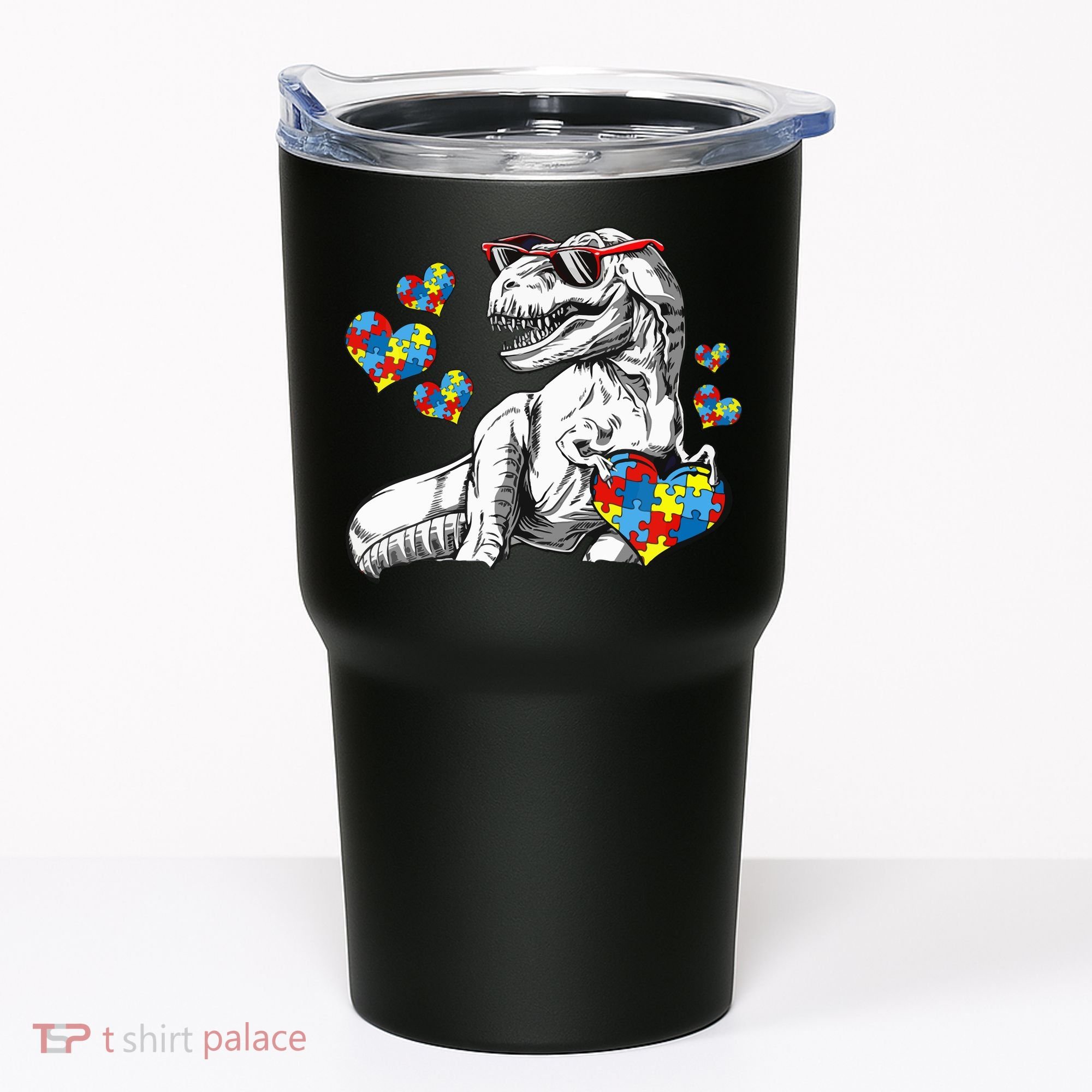 Autism Awareness TRex Dinosaur Sunglasses Heart Puzzle Tumbler