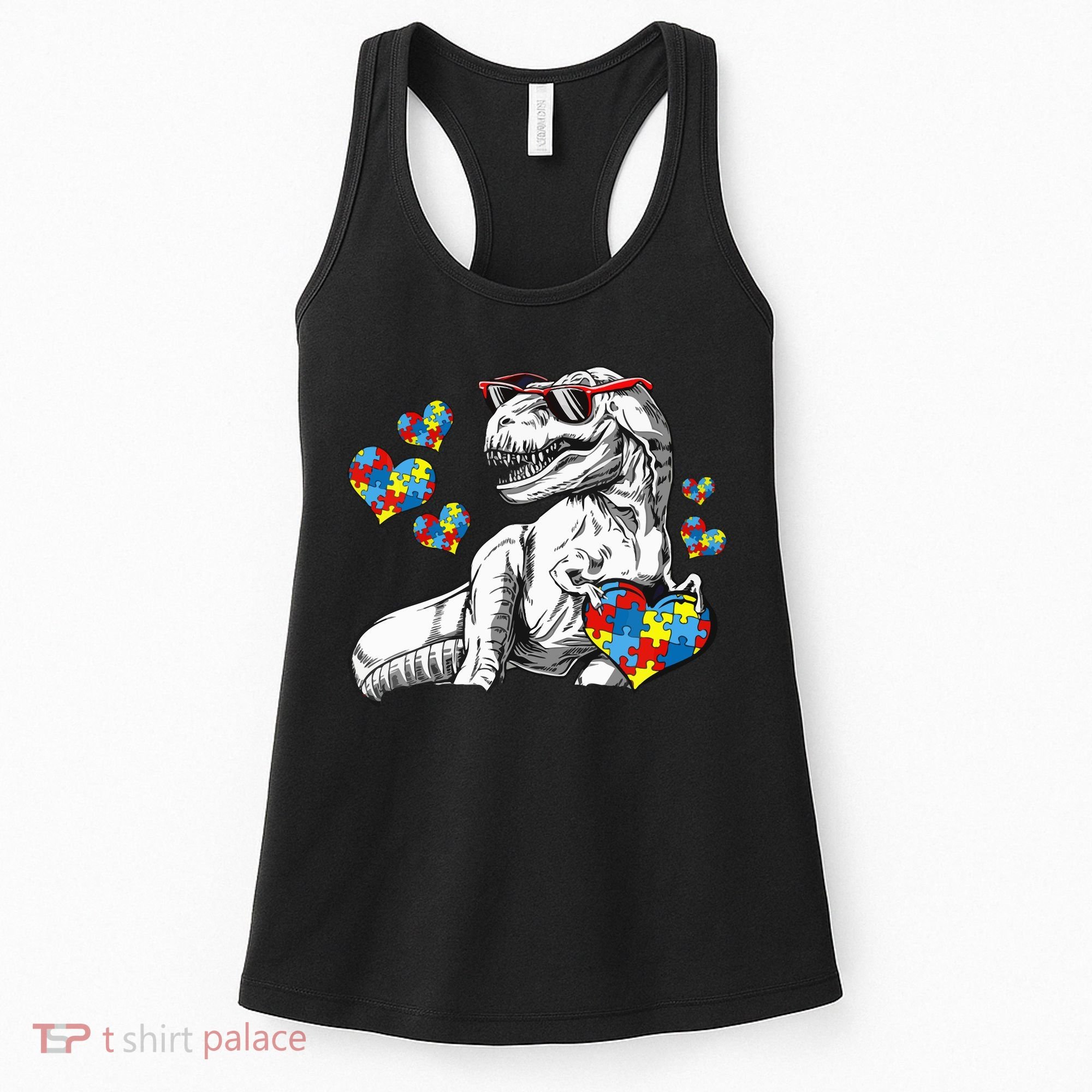 Autism Awareness TRex Dinosaur Sunglasses Heart Puzzle Women's Tank Top