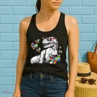 Autism Awareness TRex Dinosaur Sunglasses Heart Puzzle Women's Tank Top thumb 2