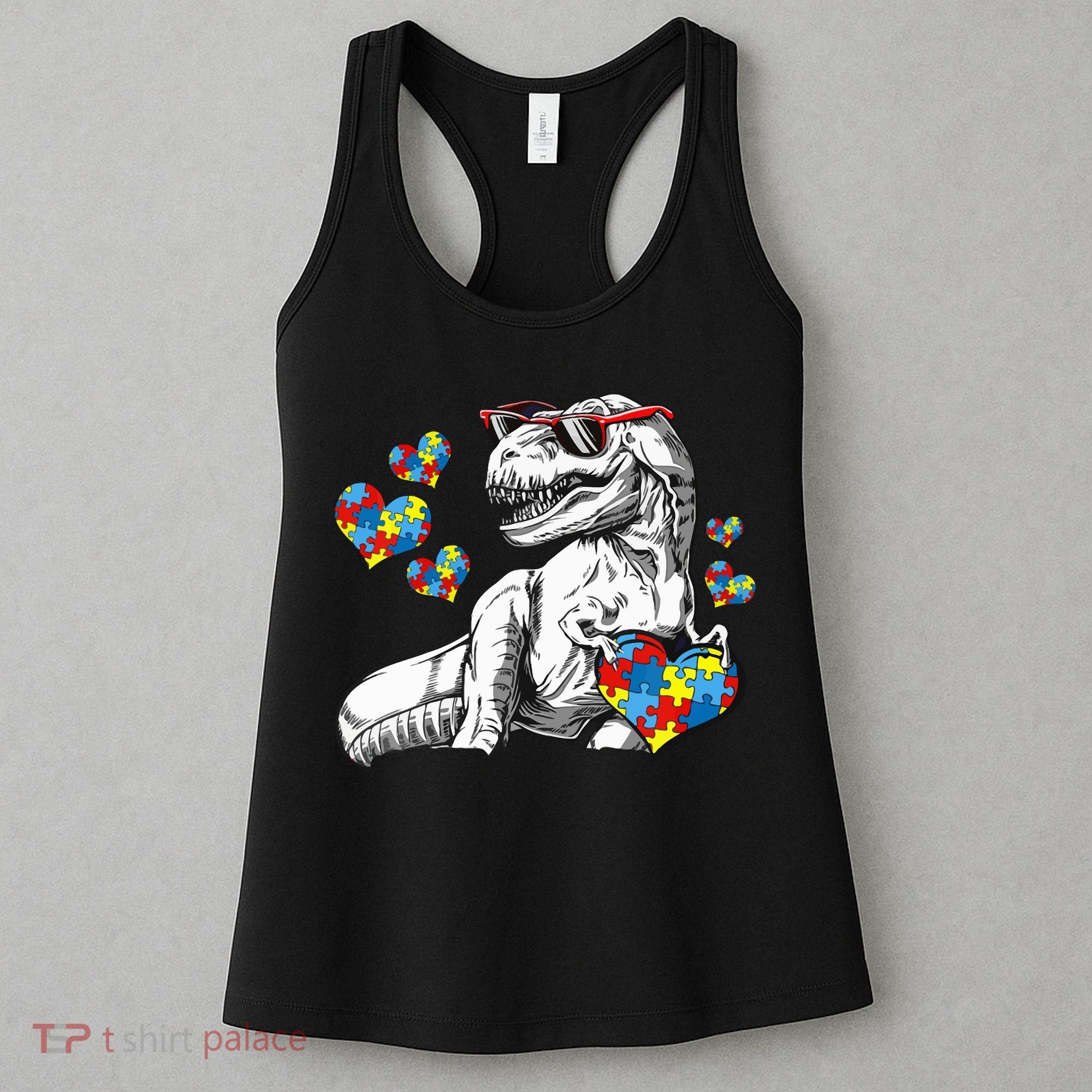 Autism Awareness TRex Dinosaur Sunglasses Heart Puzzle Women's Tank Top