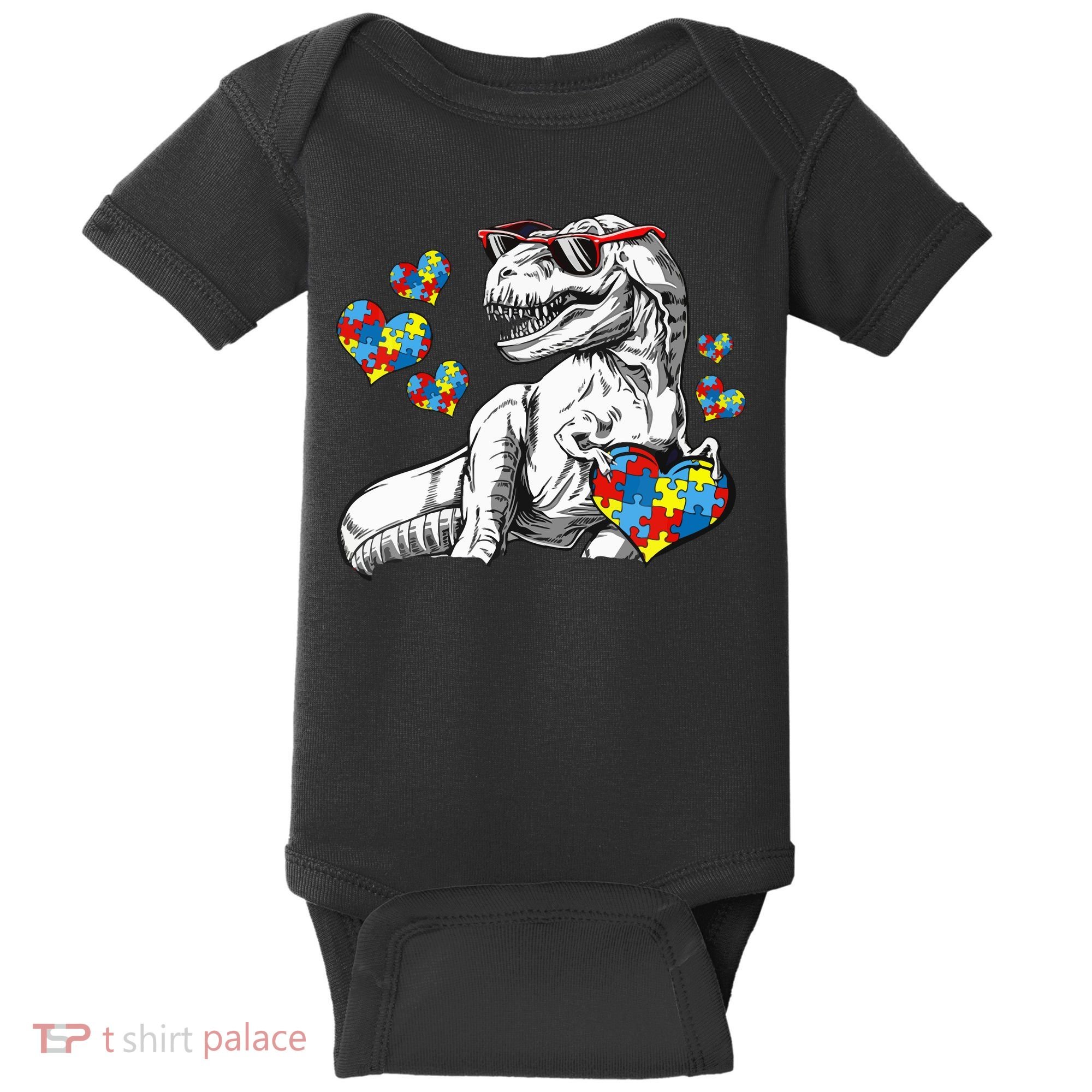 Autism Awareness TRex Dinosaur Sunglasses Heart Puzzle Baby Bodysuit