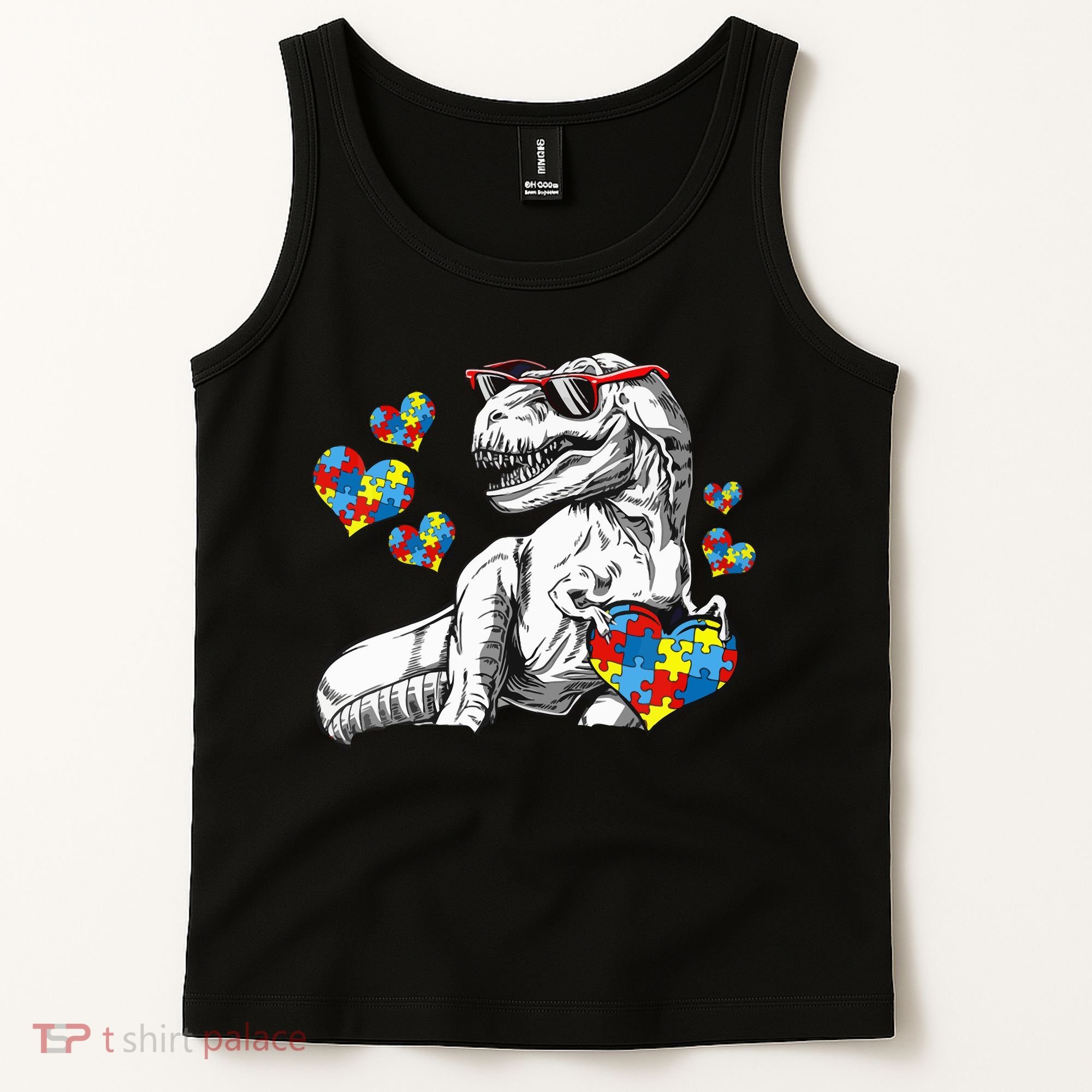 Autism Awareness TRex Dinosaur Sunglasses Heart Puzzle Tank Top