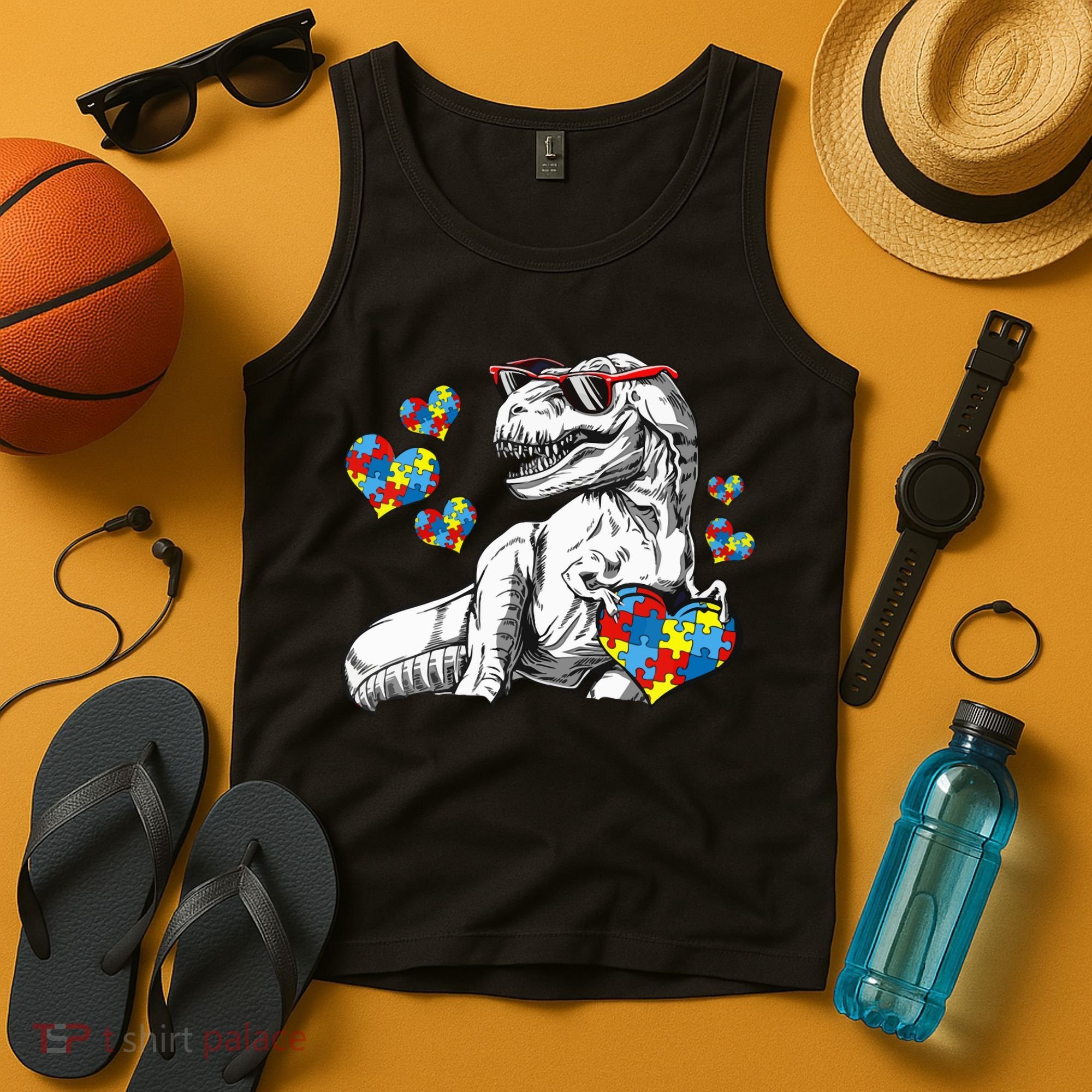 Autism Awareness TRex Dinosaur Sunglasses Heart Puzzle Tank Top