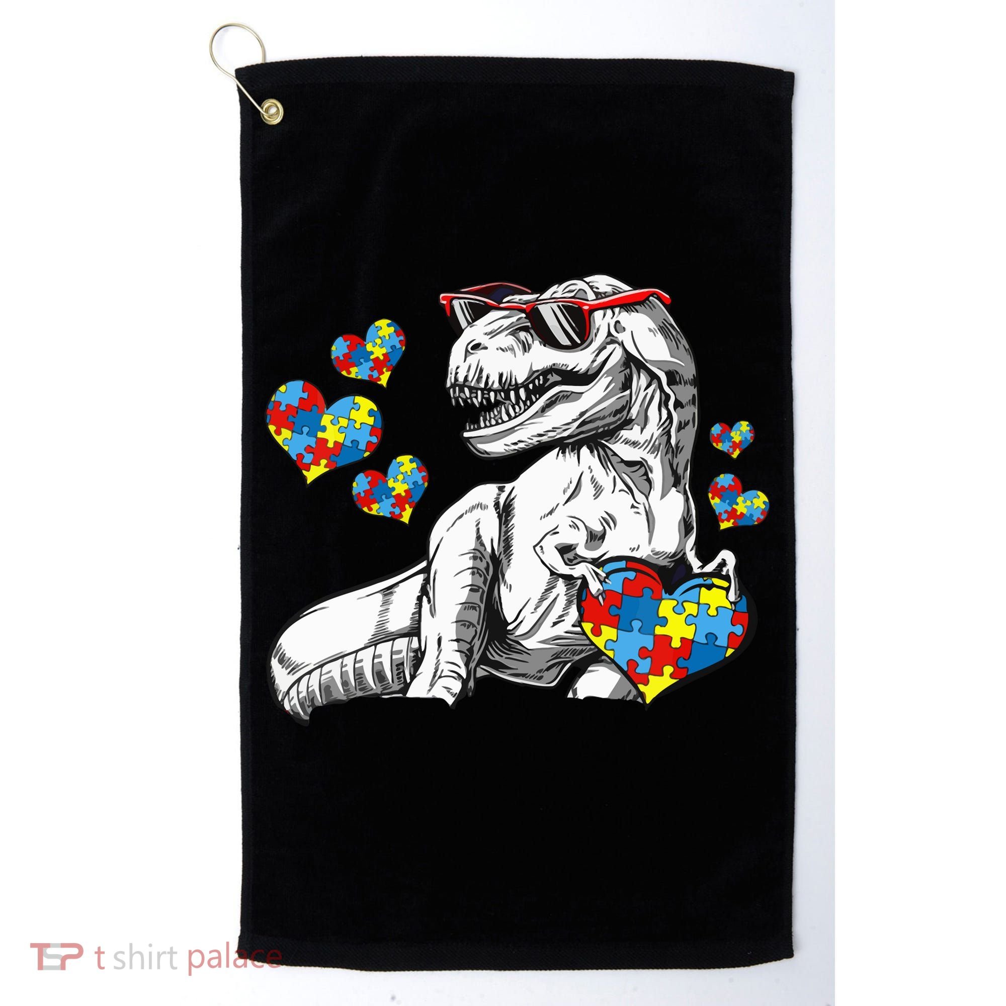 Autism Awareness TRex Dinosaur Sunglasses Heart Puzzle Golf Towel
