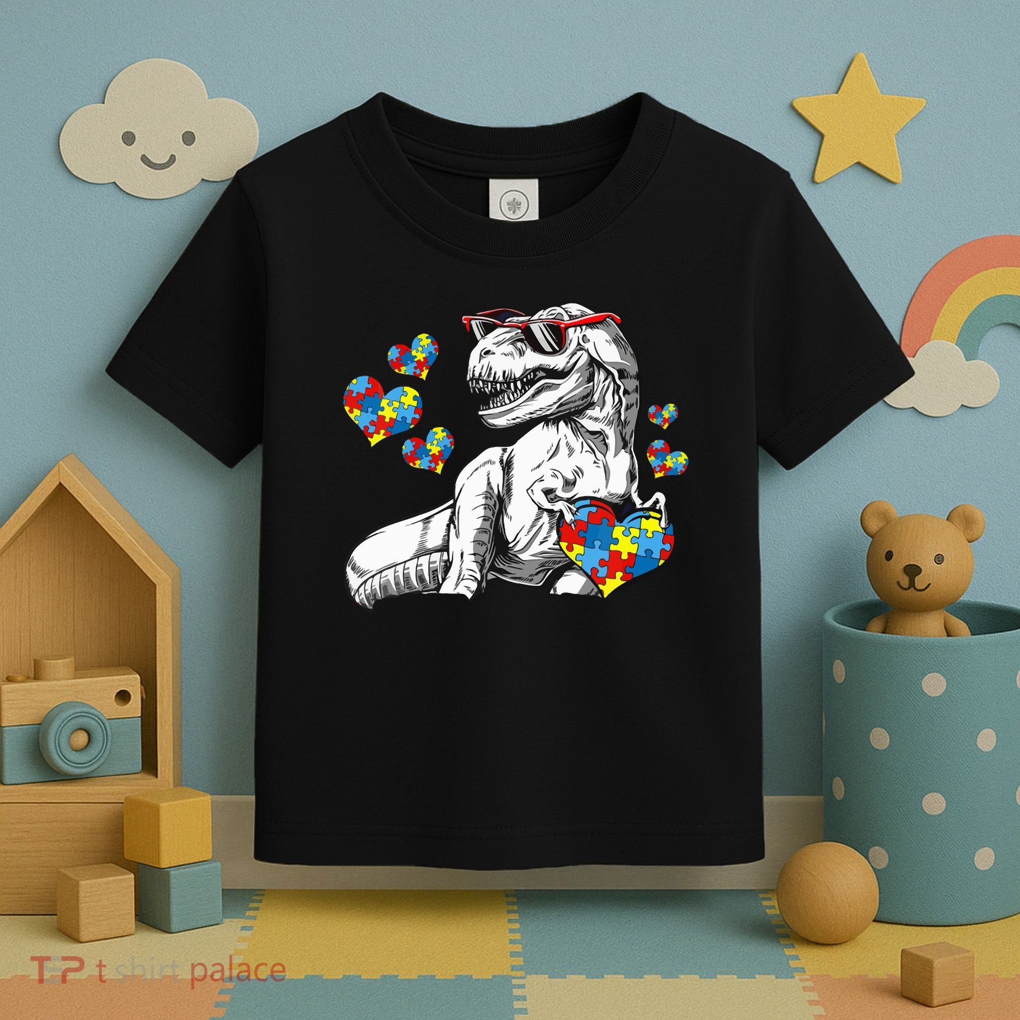 Autism Awareness TRex Dinosaur Sunglasses Heart Puzzle Toddler T-Shirt