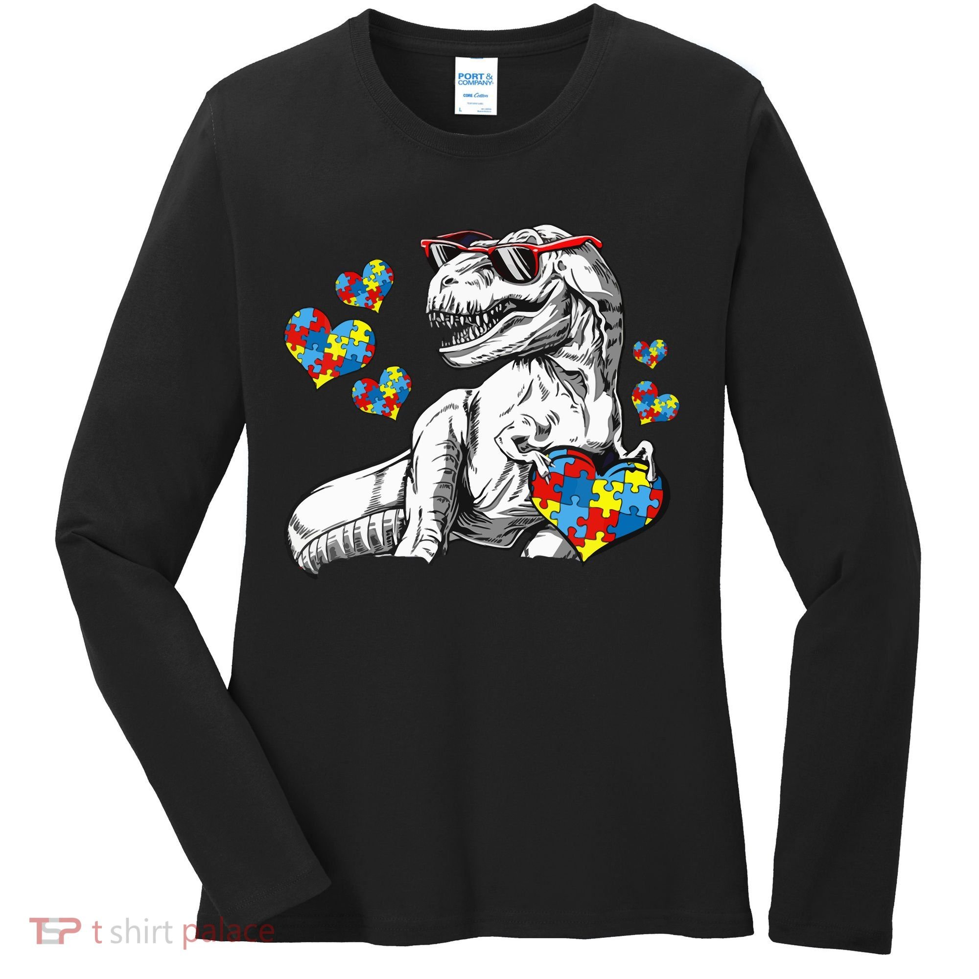 Autism Awareness TRex Dinosaur Sunglasses Heart Puzzle Women's Long Sleeve Shirt