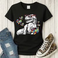Autism Awareness TRex Dinosaur Sunglasses Heart Puzzle Women's T-Shirt thumb 3