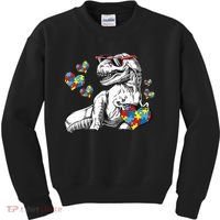 Autism Awareness TRex Dinosaur Sunglasses Heart Puzzle Kids Sweatshirt thumb 0