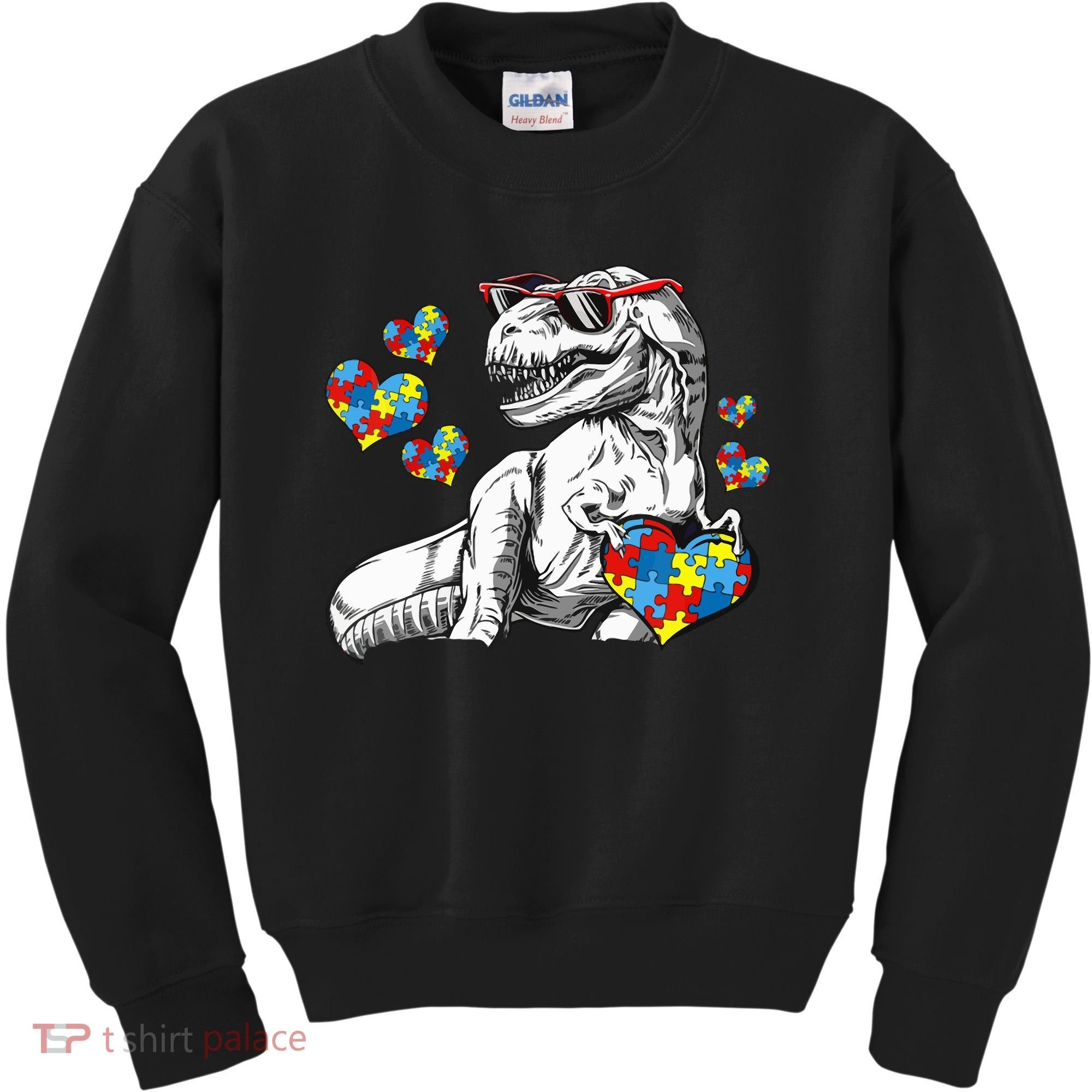 Autism Awareness TRex Dinosaur Sunglasses Heart Puzzle Kids Sweatshirt