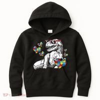Autism Awareness TRex Dinosaur Sunglasses Heart Puzzle Kids Hoodie thumb 0