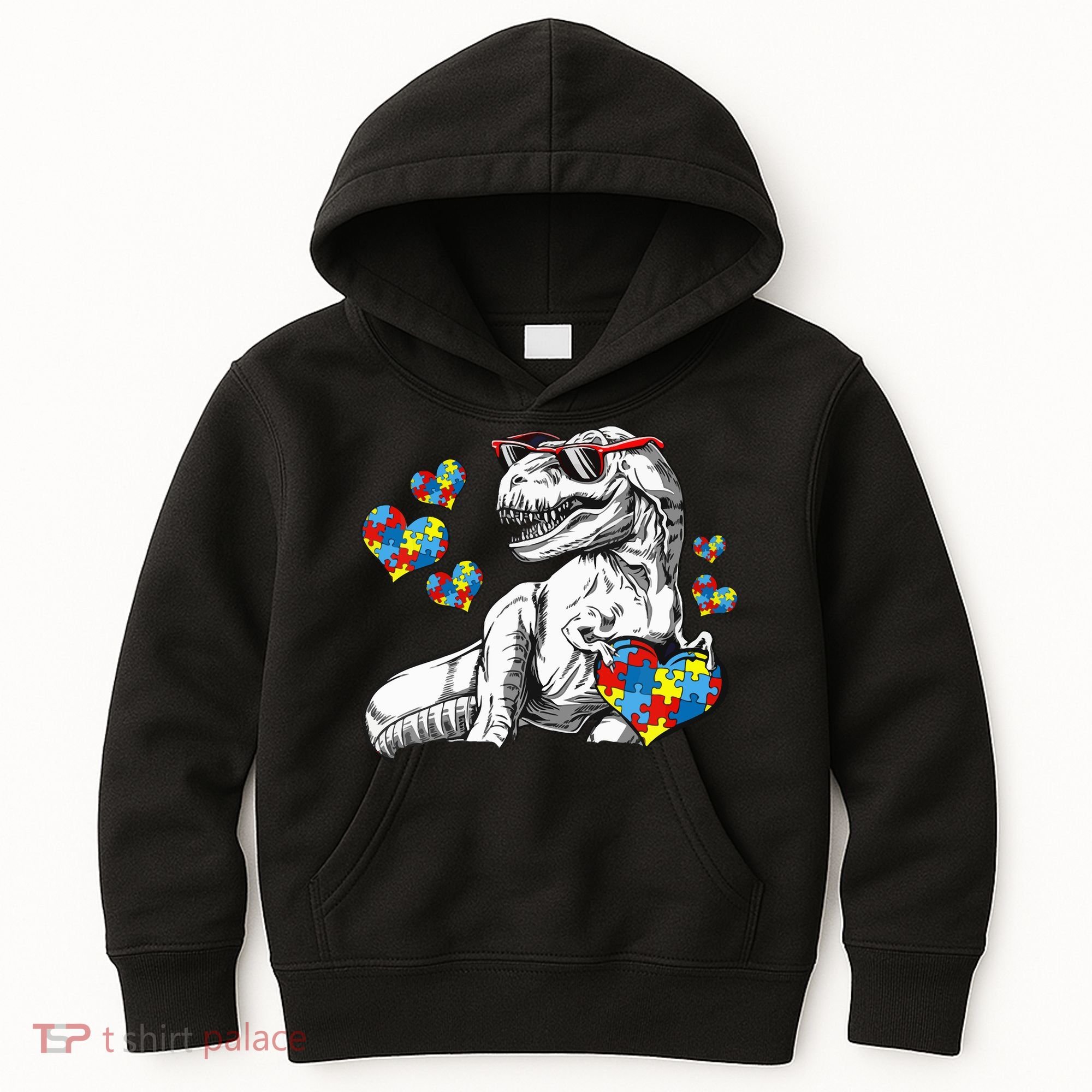 Autism Awareness TRex Dinosaur Sunglasses Heart Puzzle Kids Hoodie