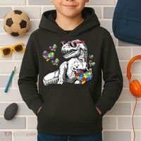 Autism Awareness TRex Dinosaur Sunglasses Heart Puzzle Kids Hoodie thumb 2