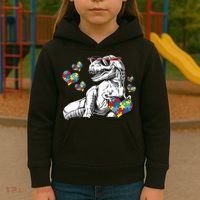 Autism Awareness TRex Dinosaur Sunglasses Heart Puzzle Kids Hoodie thumb 3