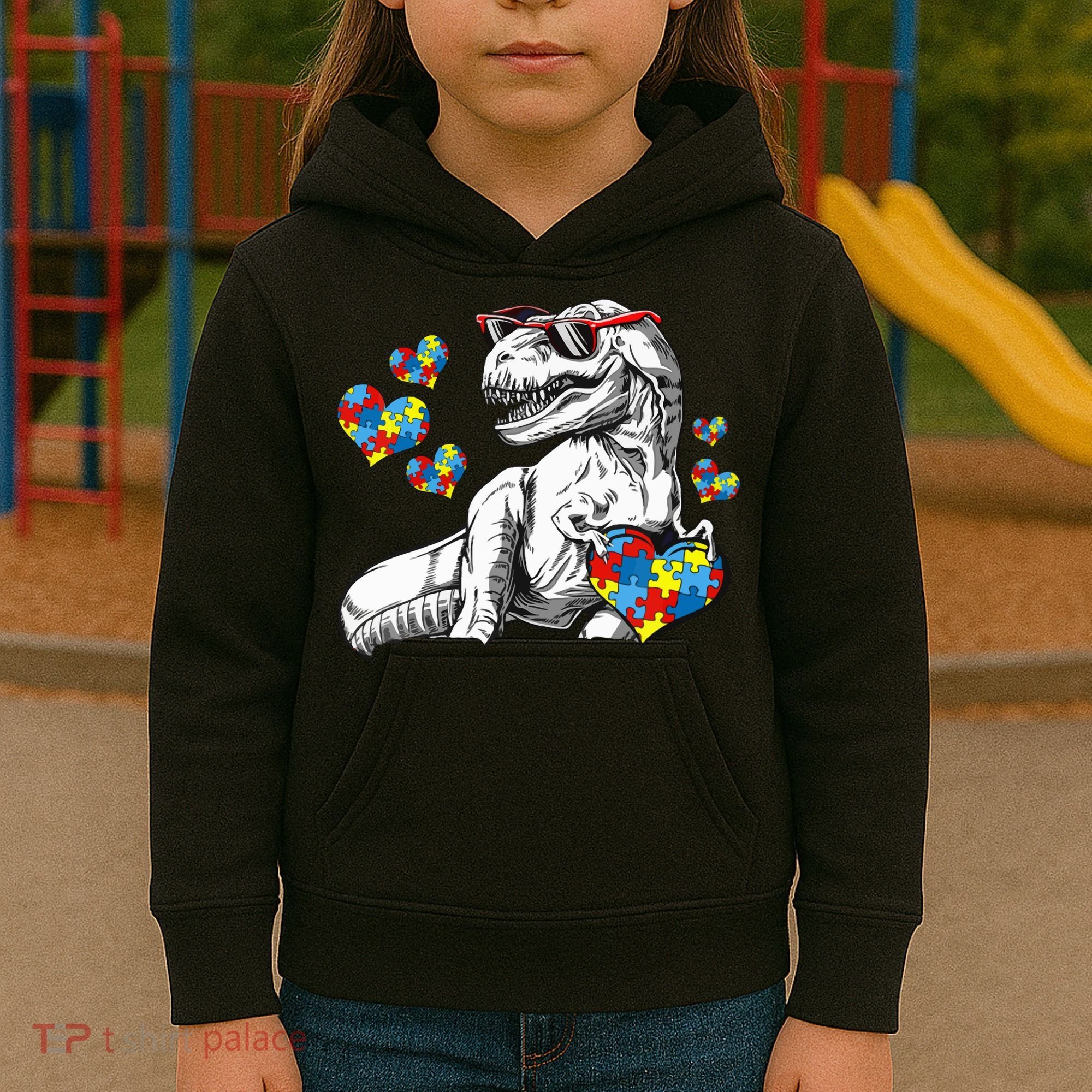 Autism Awareness TRex Dinosaur Sunglasses Heart Puzzle Kids Hoodie