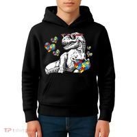 Autism Awareness TRex Dinosaur Sunglasses Heart Puzzle Kids Hoodie thumb 4